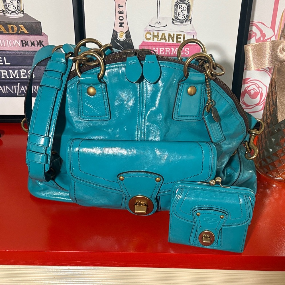 Coach Legacy Francine Satchel and Kisslock Turnlock Wallet Patent Turquoise 2008